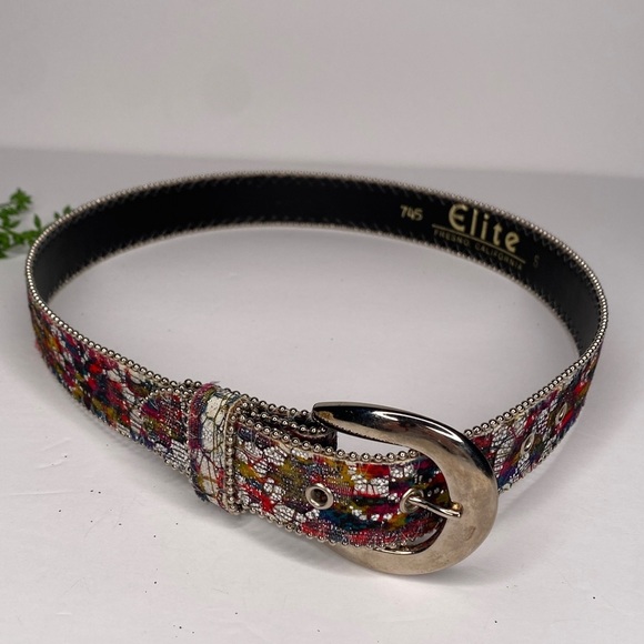 Vintage Elite California Glittery Multicolored 90s Belt Size Small Silver Buckle - Picture 2 of 10
